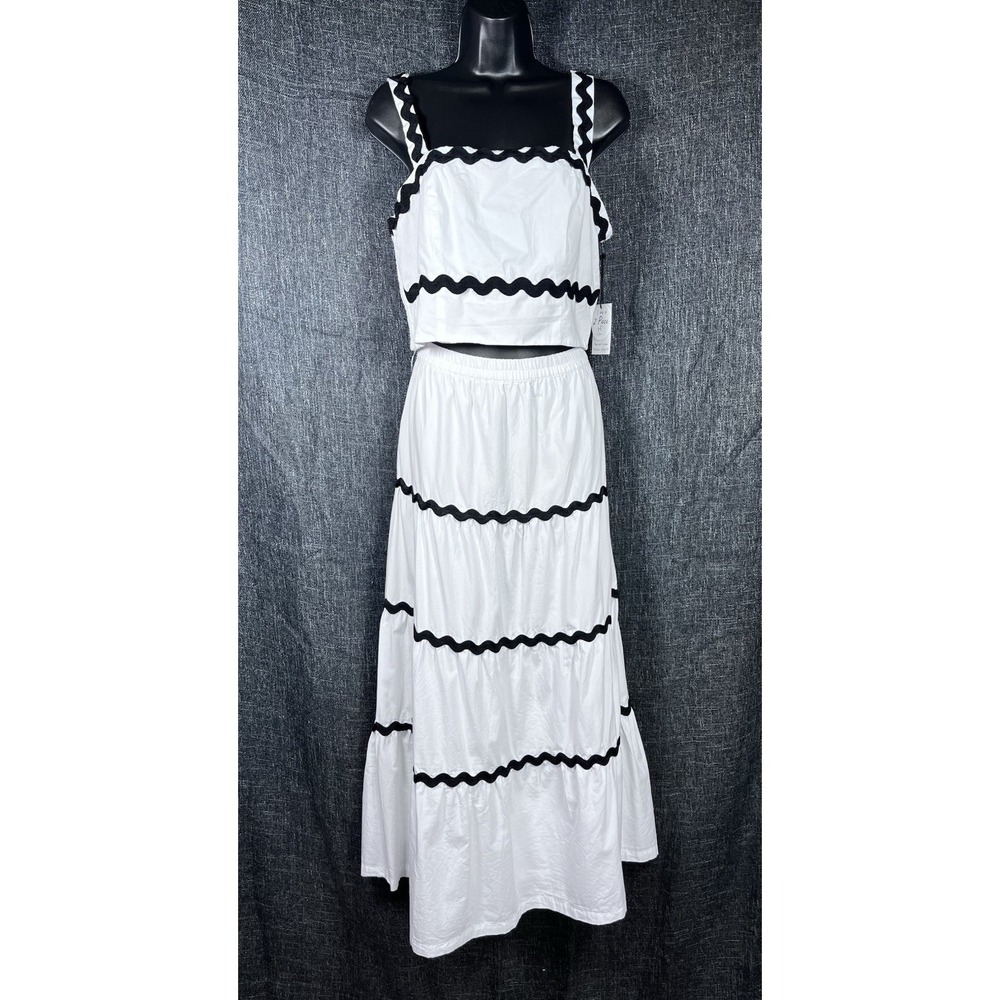 NWT JAPNA Sz L 2 Pc Set Crop Top Maxi Skirt Black White Ruffle Ric Rac Trim New